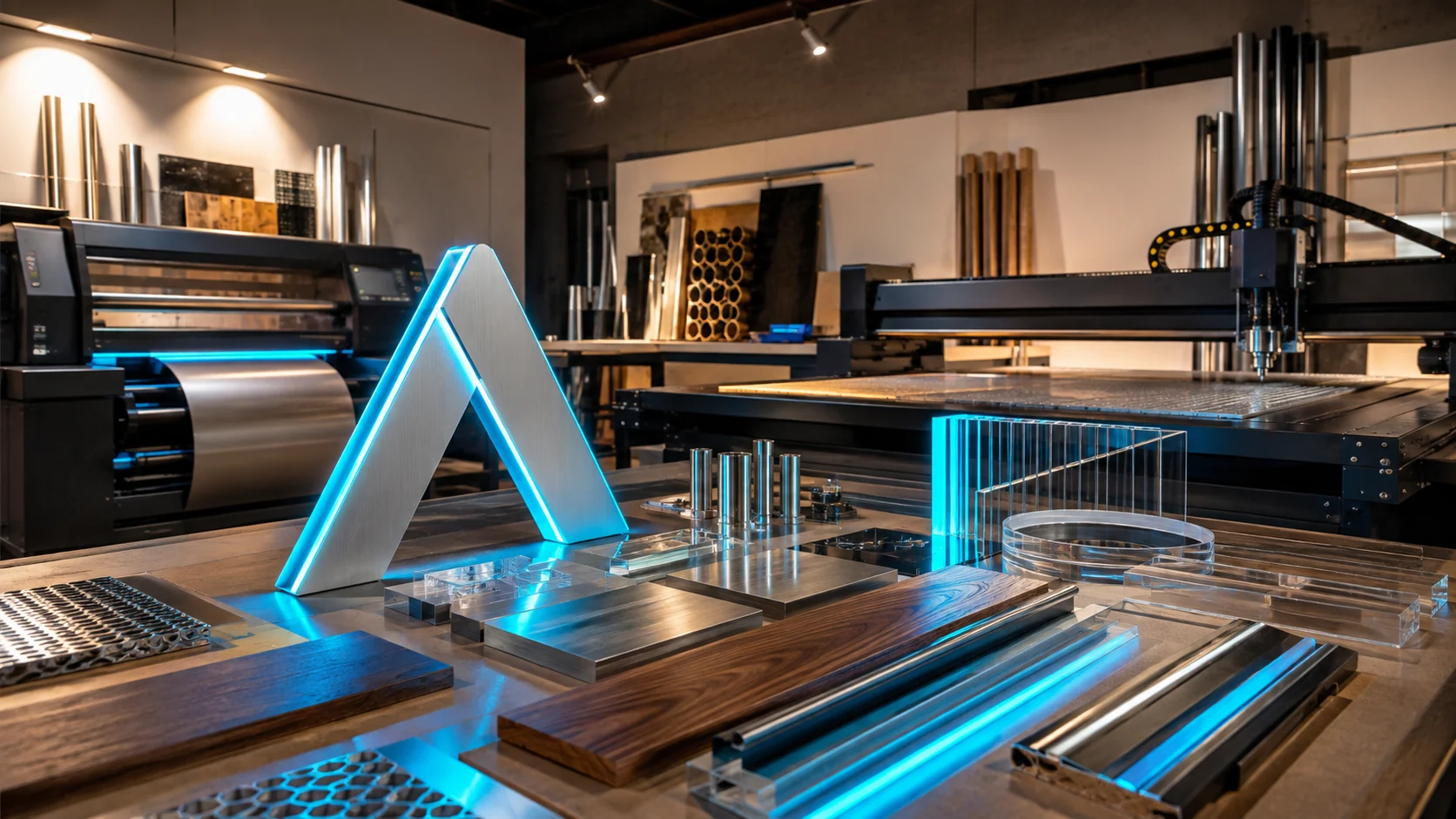 Auronix fabrication workshop with printing, CNC equipment and finished materials
