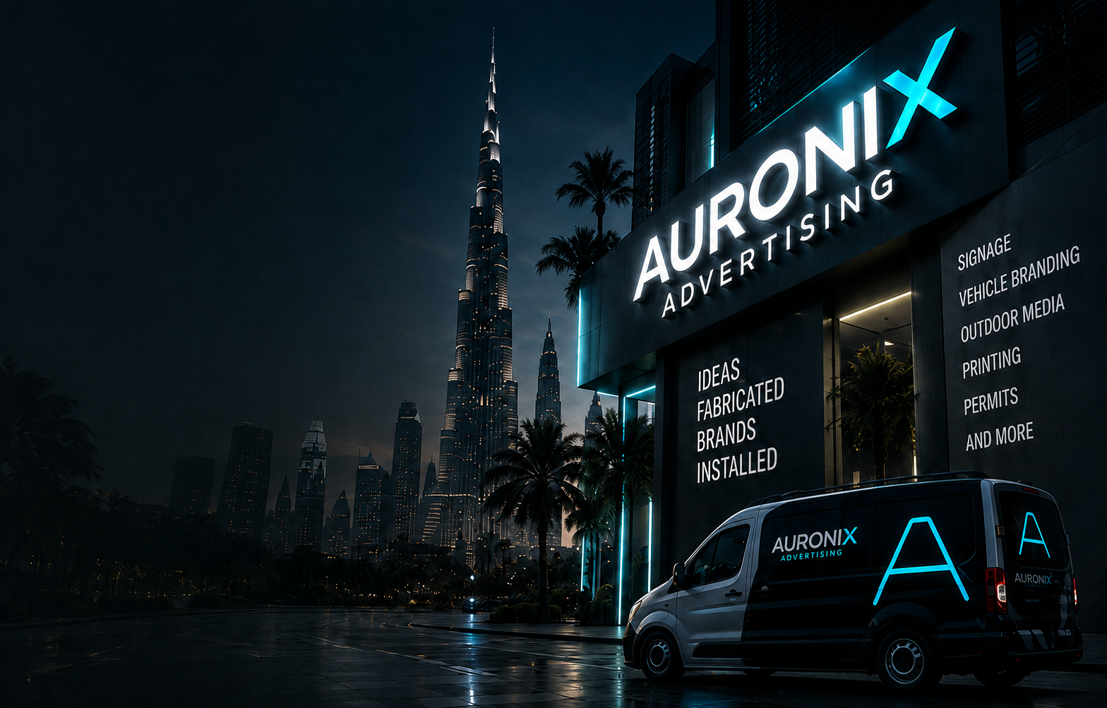 Auronix Advertising showroom and branded vehicle in Dubai