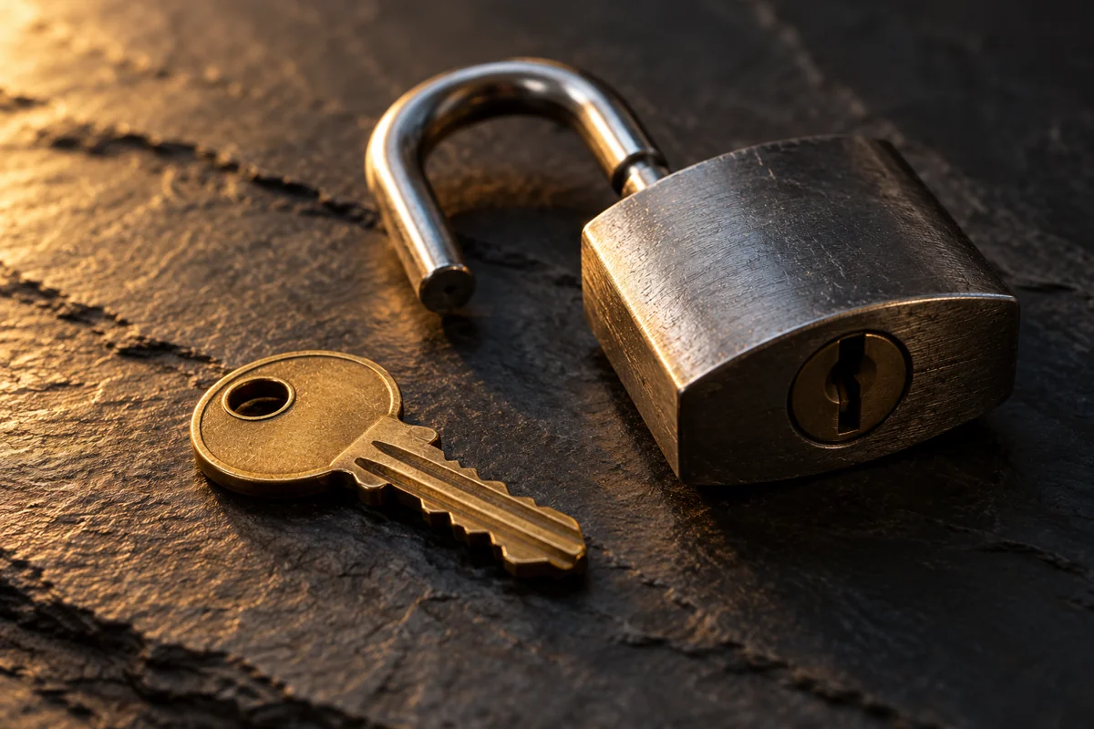 Brass key resting beside an open padlock on a dark slate surface