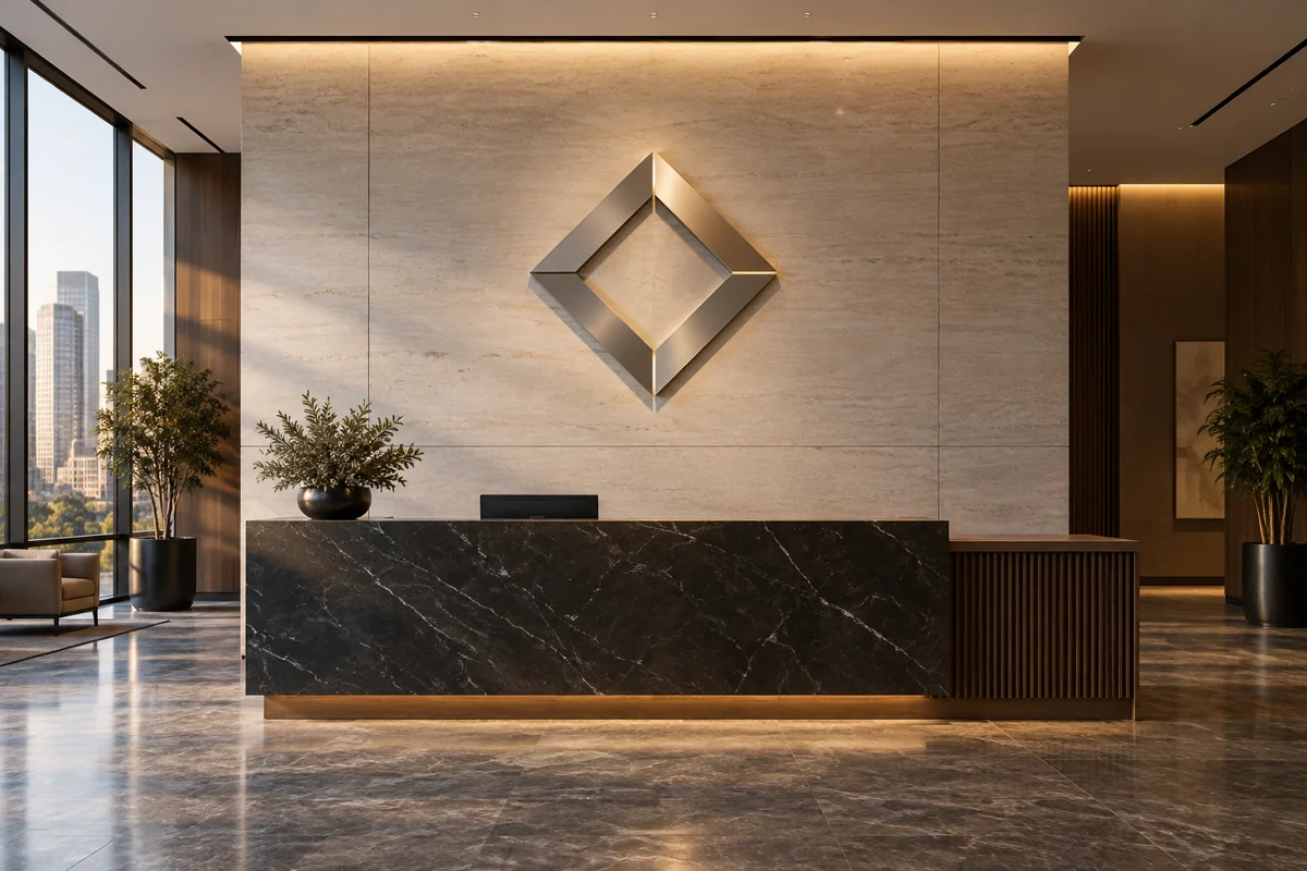Reception wall with a blank metallic geometric emblem above a desk