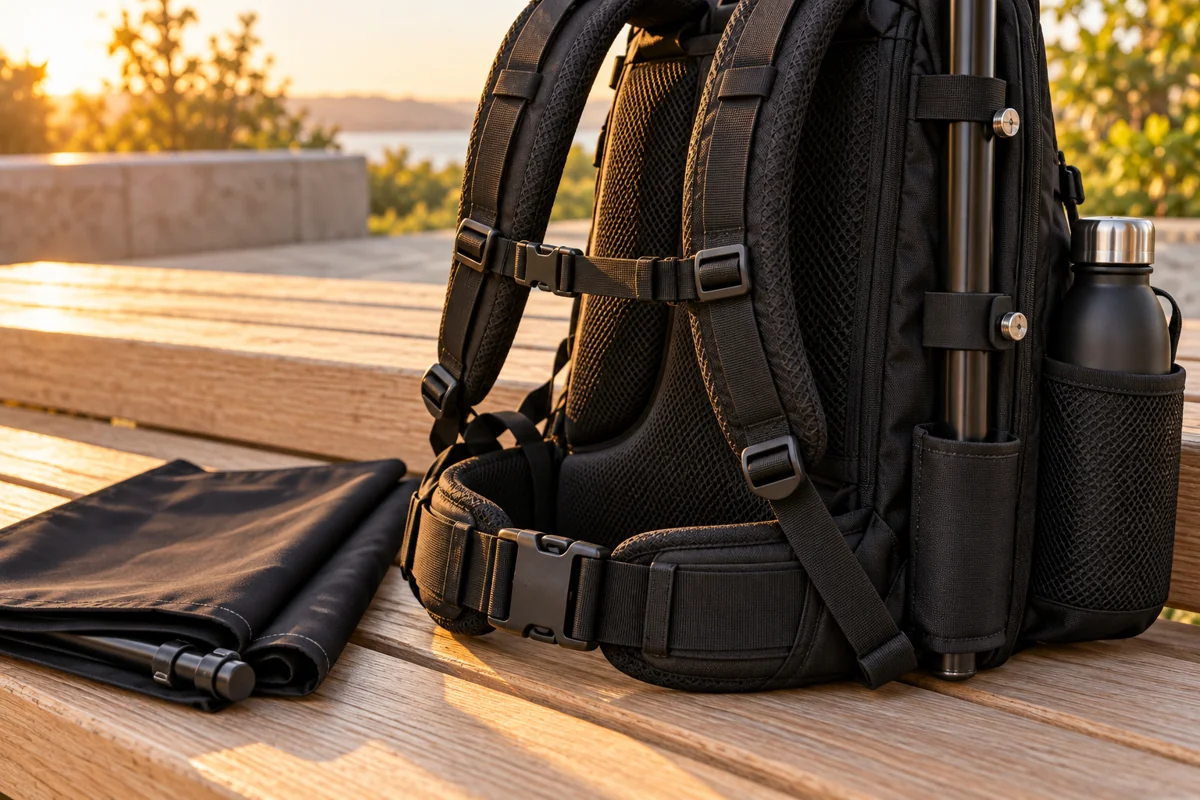 Padded shoulder straps, waist belt and pole mount of an empty flag backpack on a wooden bench beside a folded blank flag