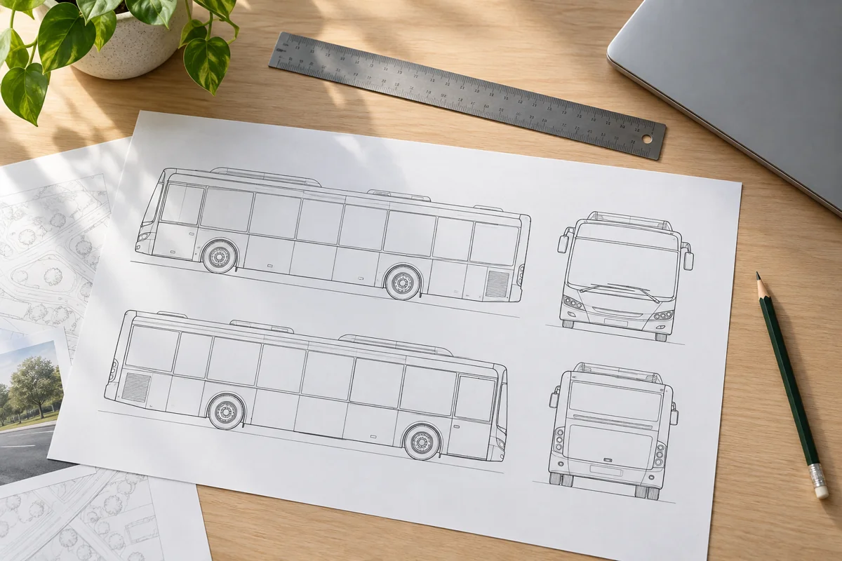 Printed bus livery mock-up sheets showing blank side and front bus outline drawings on a desk beside a ruler and a closed laptop