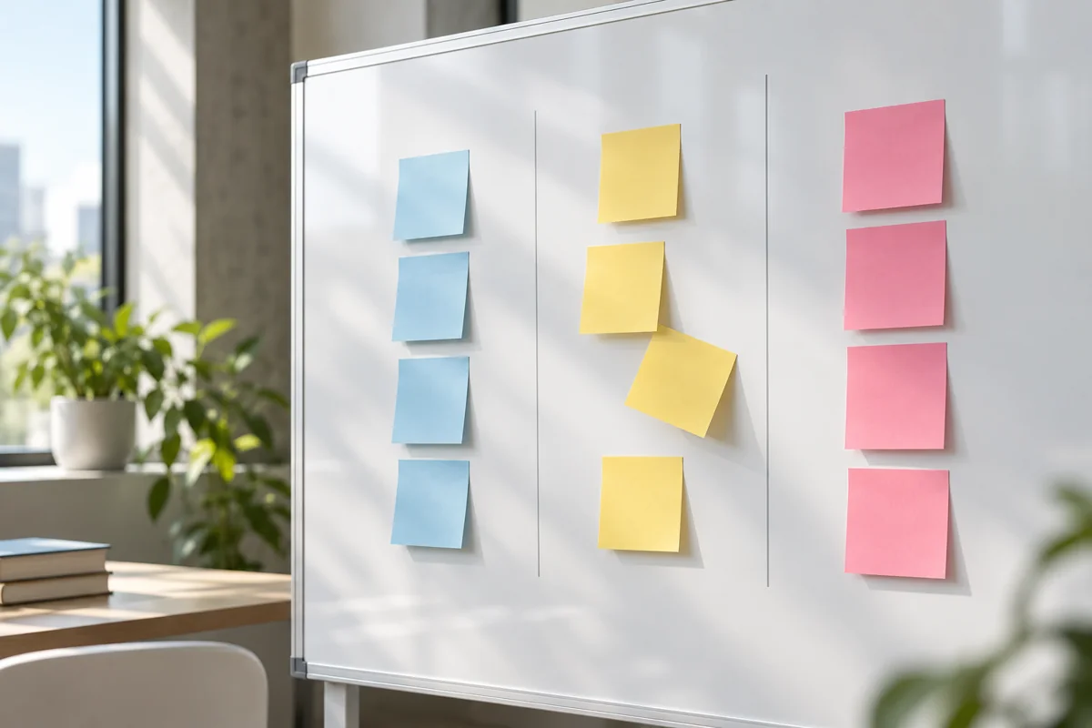 Whiteboard with columns of blank coloured sticky notes in a bright modern office