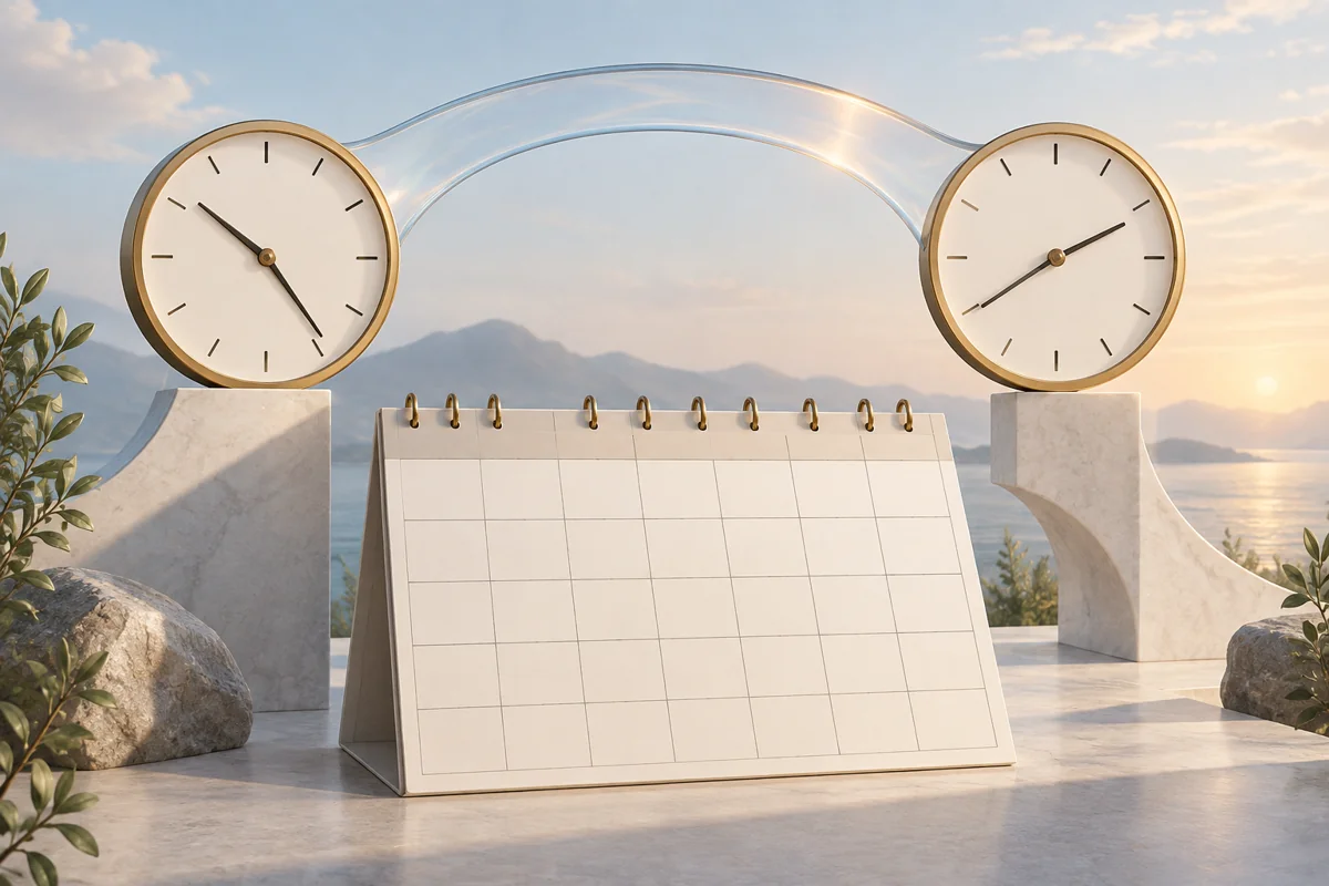 Two simple clock faces connected by a curved translucent bridge above a blank calendar grid