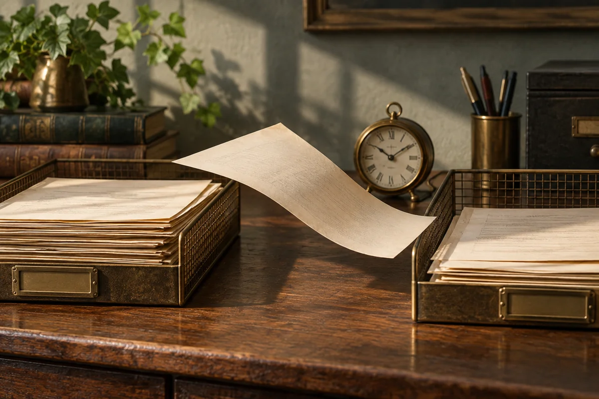 A single cream page floating between two archive trays beside a small mechanical clock