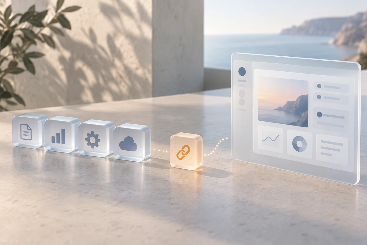 A row of translucent blocks with software icons beside a larger interface panel