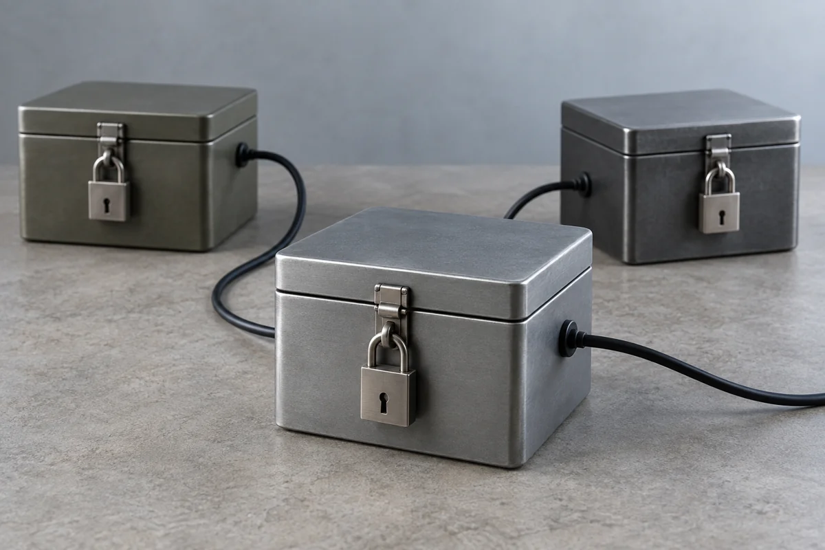 Three small locked storage boxes connected by plain cables on a neutral tabletop