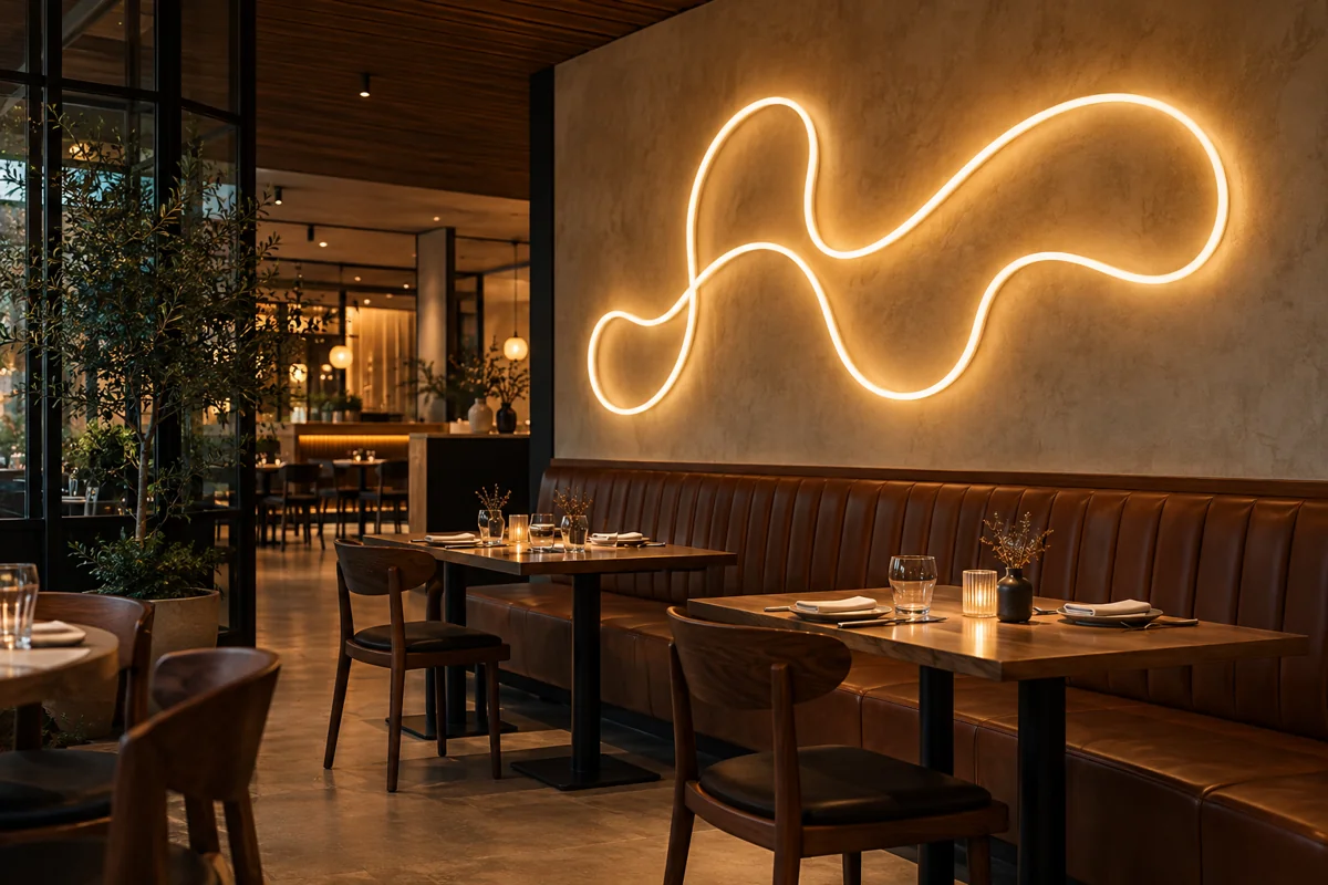 Warm glowing abstract tube sign in an empty restaurant interior
