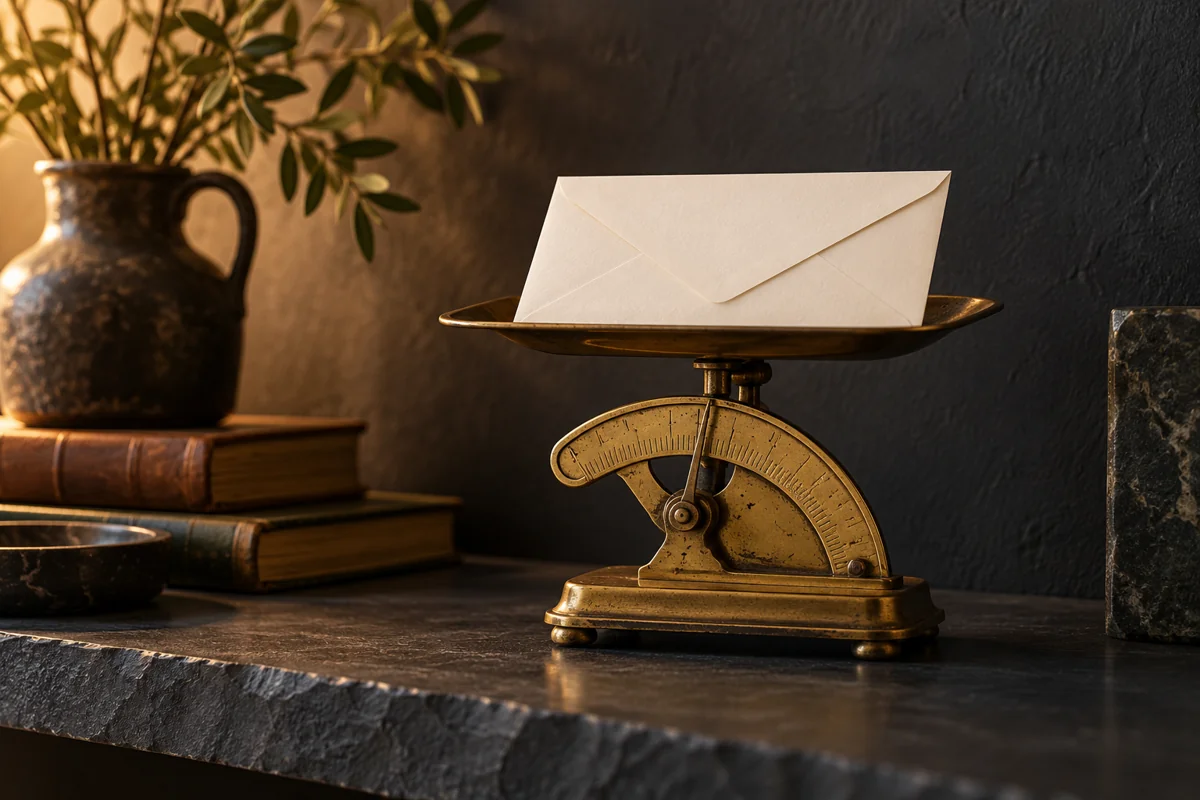 Brass postal scale holding a single blank envelope on a dark slate shelf in soft light