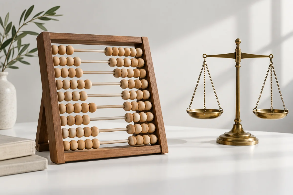 Wooden abacus with plain beads resting on a clean white table beside a small brass weighing scale