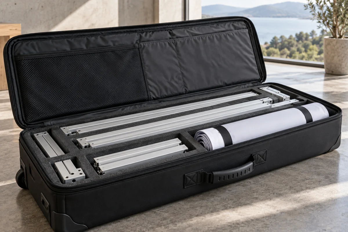 Open travel case containing padded aluminium display frame sections and rolled fabric
