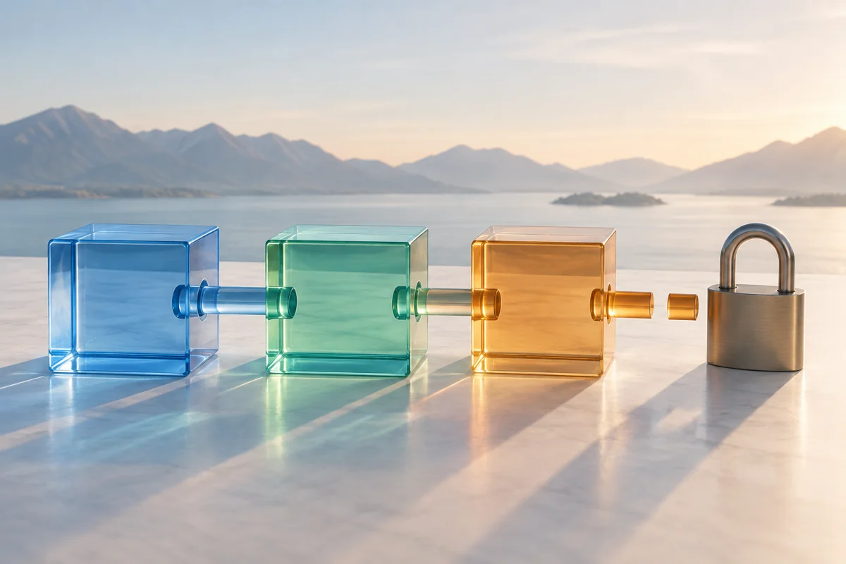 Three connected translucent blocks ending at a small closed padlock, with one connection interrupted