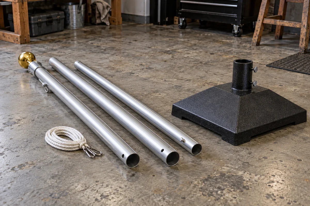 Unassembled metal pole sections beside a weighted black base on a workshop floor