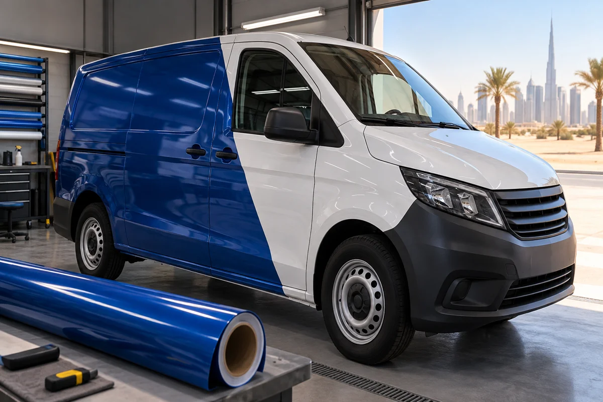 White delivery van with blue side-panel wrapping inside a shaded workshop, with a vinyl roll in the foreground