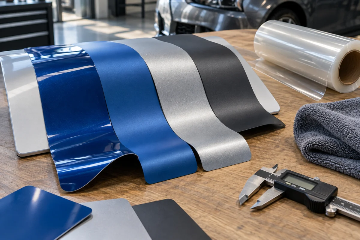 Blue, silver and charcoal vinyl samples over a curved panel beside protective laminate and a microfiber cloth