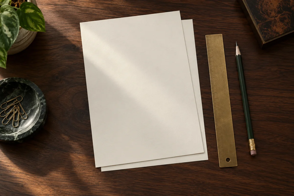 Two stacked sheets of cream paper beside a brass ruler and pencil on a dark wooden desk