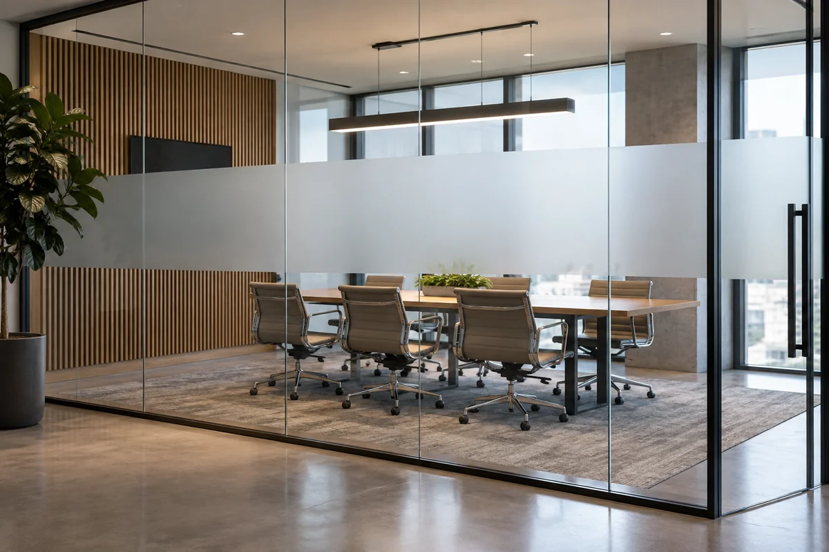 Meeting room glass partition with a translucent frosted centre band