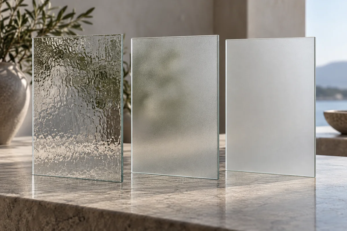 Three translucent decorative glass samples with different degrees of frosting