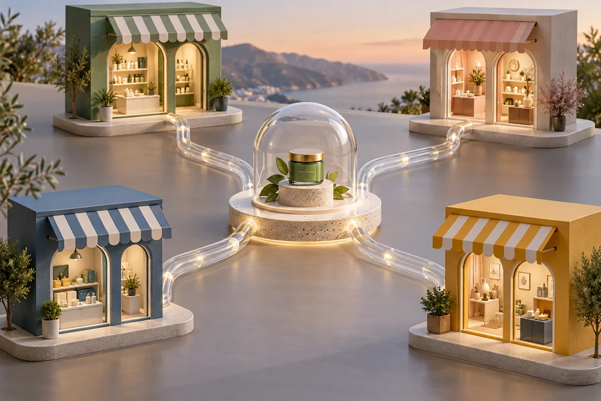 A small product display linked by translucent channels to several separate miniature storefront models