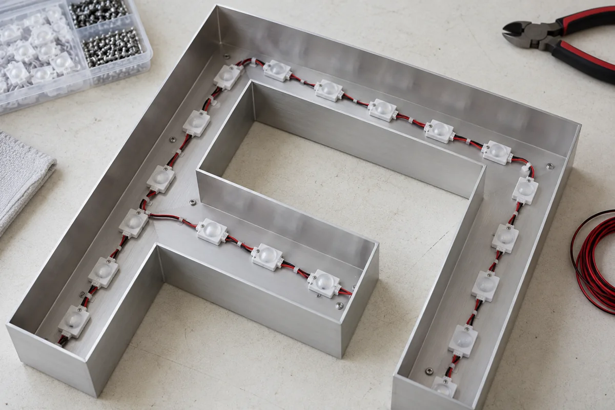 Rows of small white LED modules wired in a chain inside an open aluminium channel letter tray on a workbench