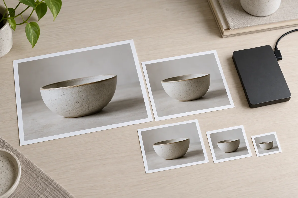 Photographs of a ceramic bowl in different sizes beside a storage drive on a plain desk