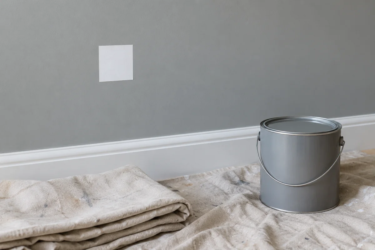 Small square test patch of white vinyl film on a freshly painted grey office wall beside a folded dust sheet and a paint tin
