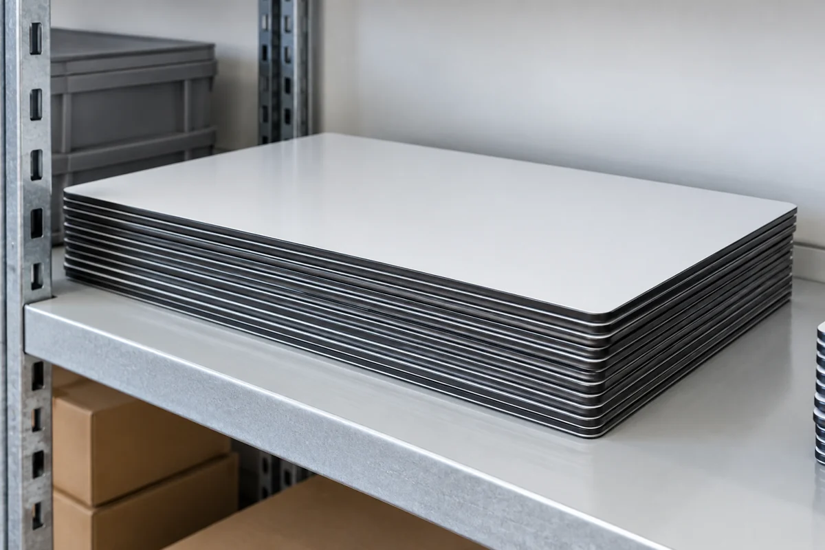 Stack of blank magnetic sign panels stored flat on a clean shelf