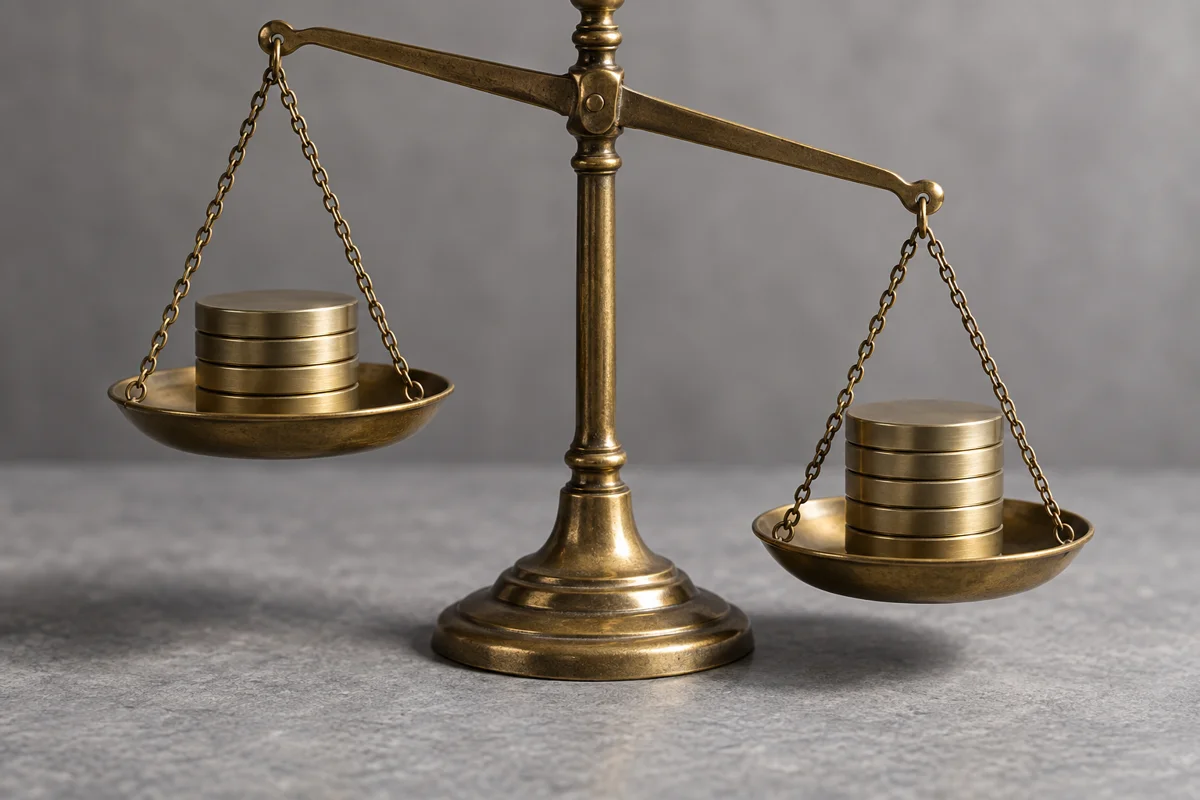 Two brass scale pans at different heights holding small stacks of plain metal discs