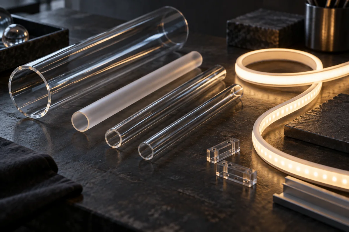 Glass tube and flexible LED lighting samples arranged on a dark workbench