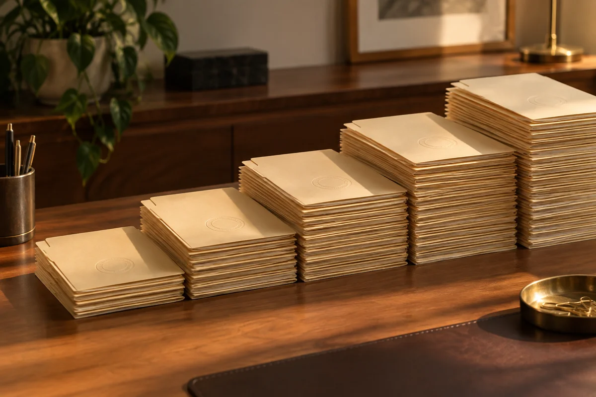 Five stacks of plain project folders arranged in ascending heights on a wooden desk