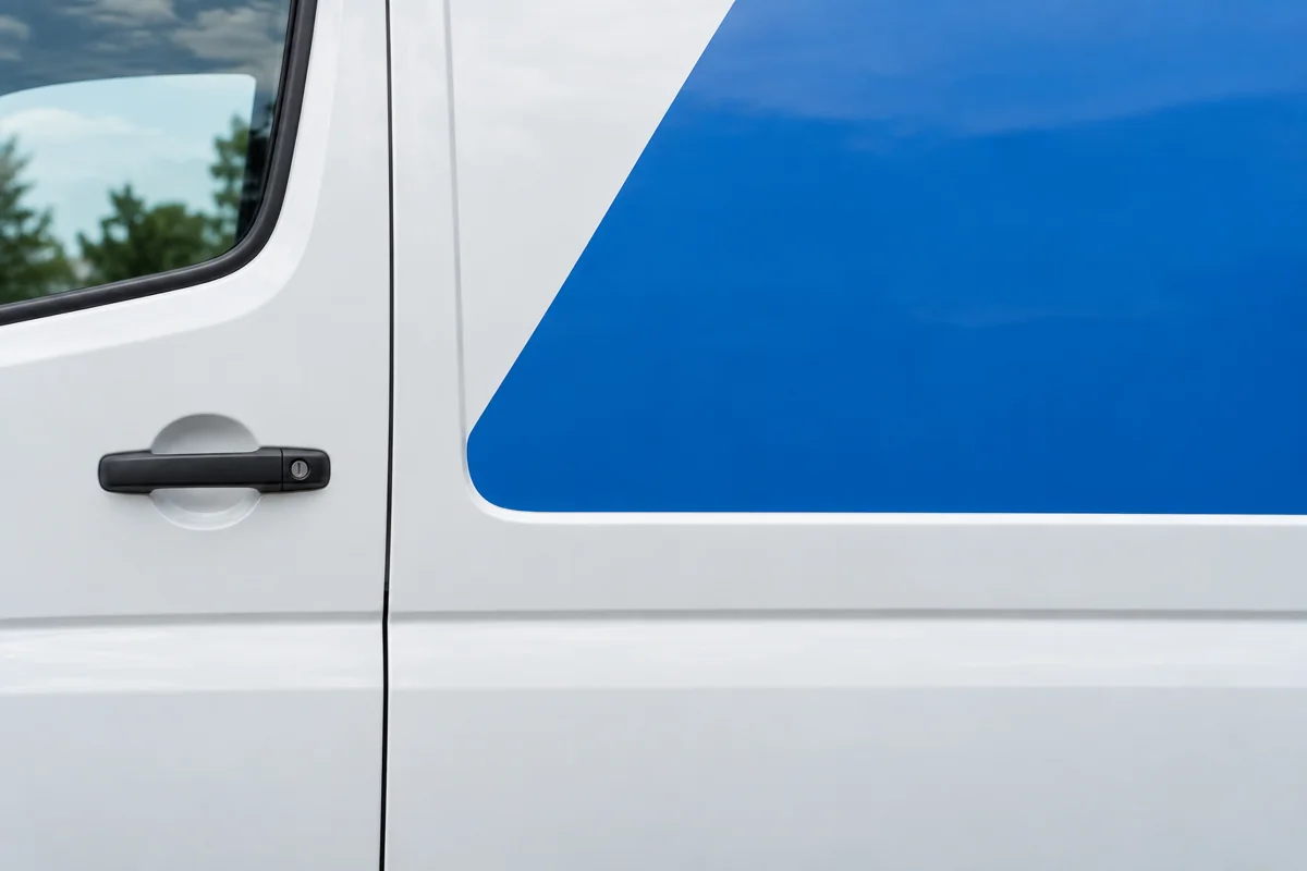 Close view of a white van door with a clean blue graphic panel and visible panel seam