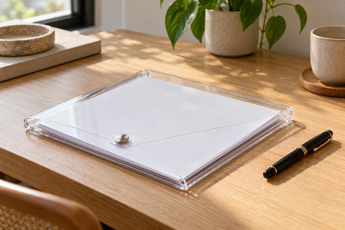 Clear acrylic folder holding blank sheets on a light oak desk beside a closed fountain pen