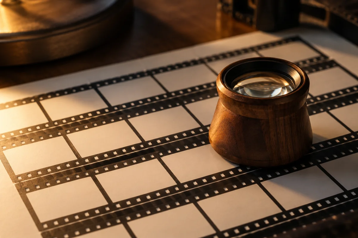Close-up of a wooden loupe resting on a contact sheet of small blank photo frames