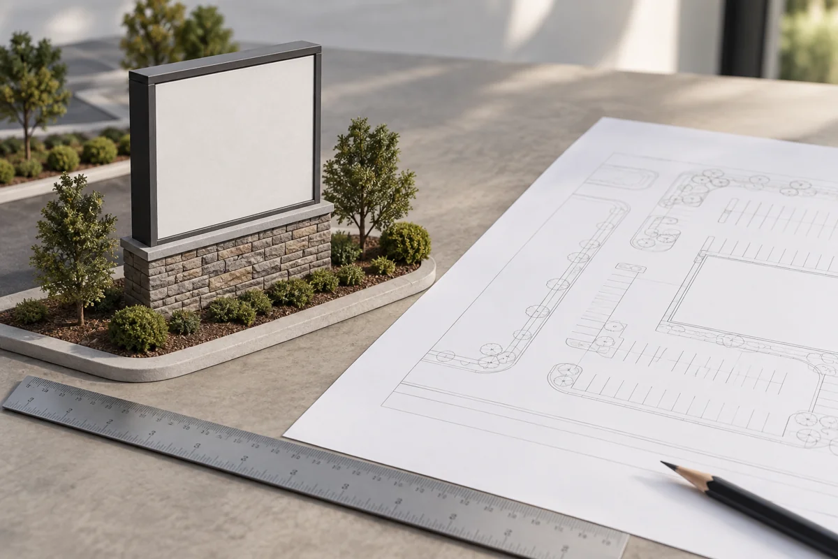Scale model of a freestanding sign beside a site plan and ruler