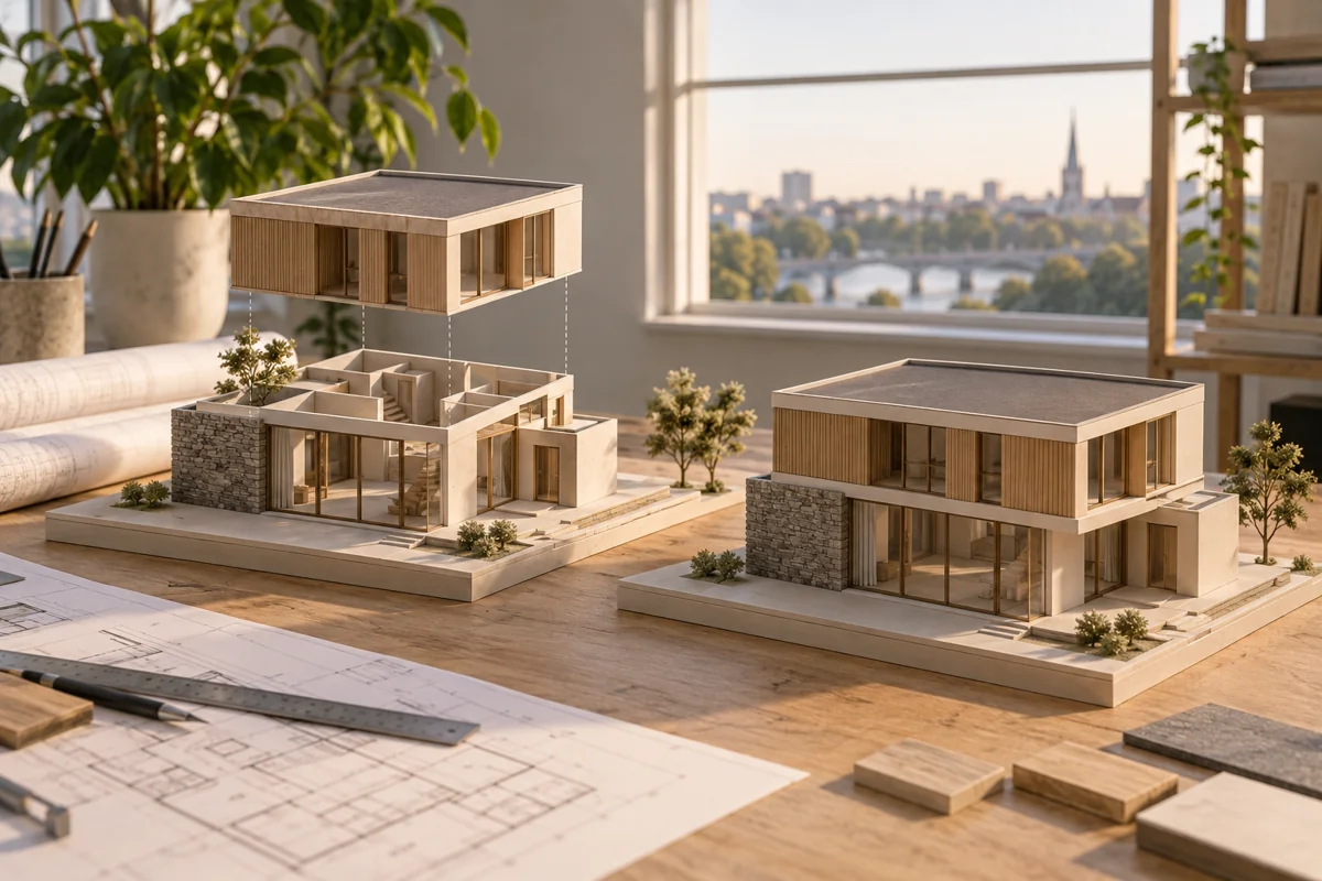 Two architectural models on a workbench, one with a replaceable section lifted out and one fully assembled