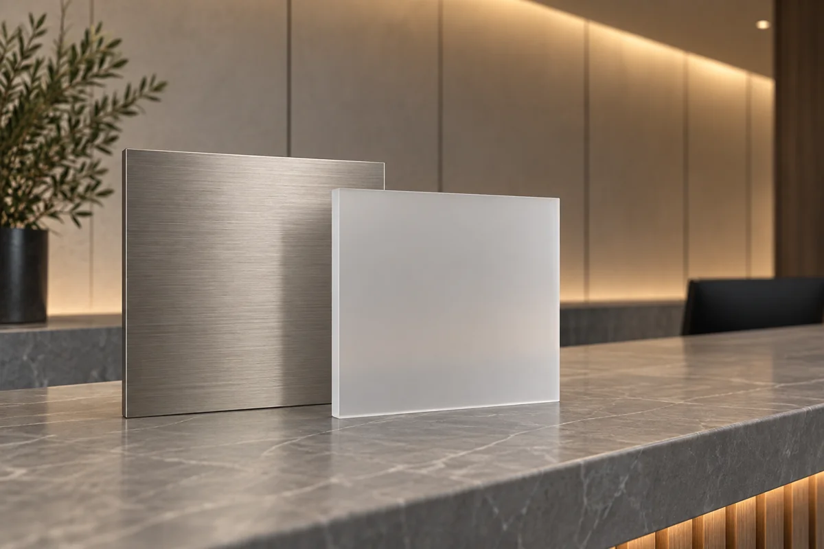 Brushed metal and matte acrylic samples against a softly lit reception wall