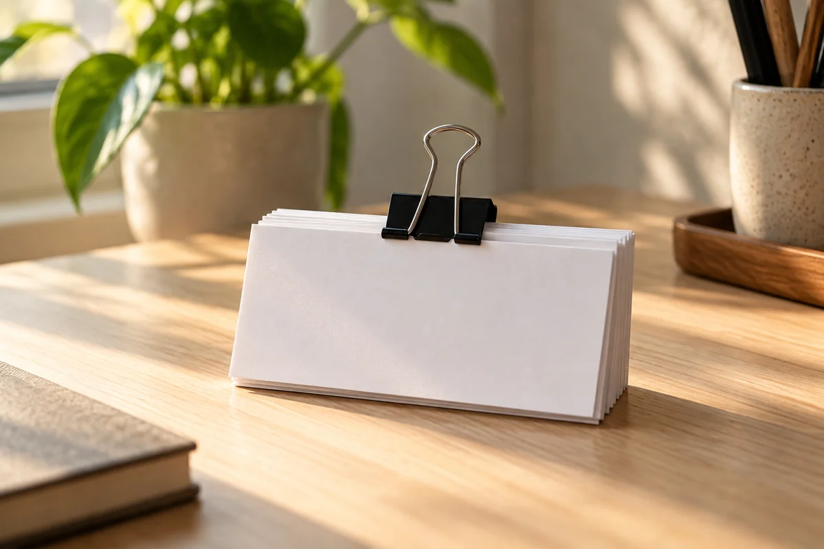 Neat stack of blank index cards held by a bulldog clip on a pale wooden desk