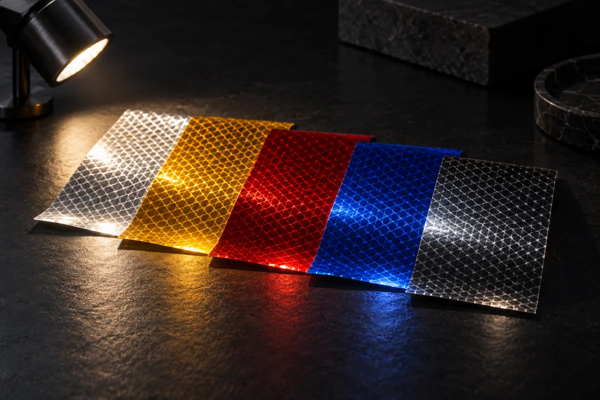 Reflective film samples illuminated by a small angled light on a dark table