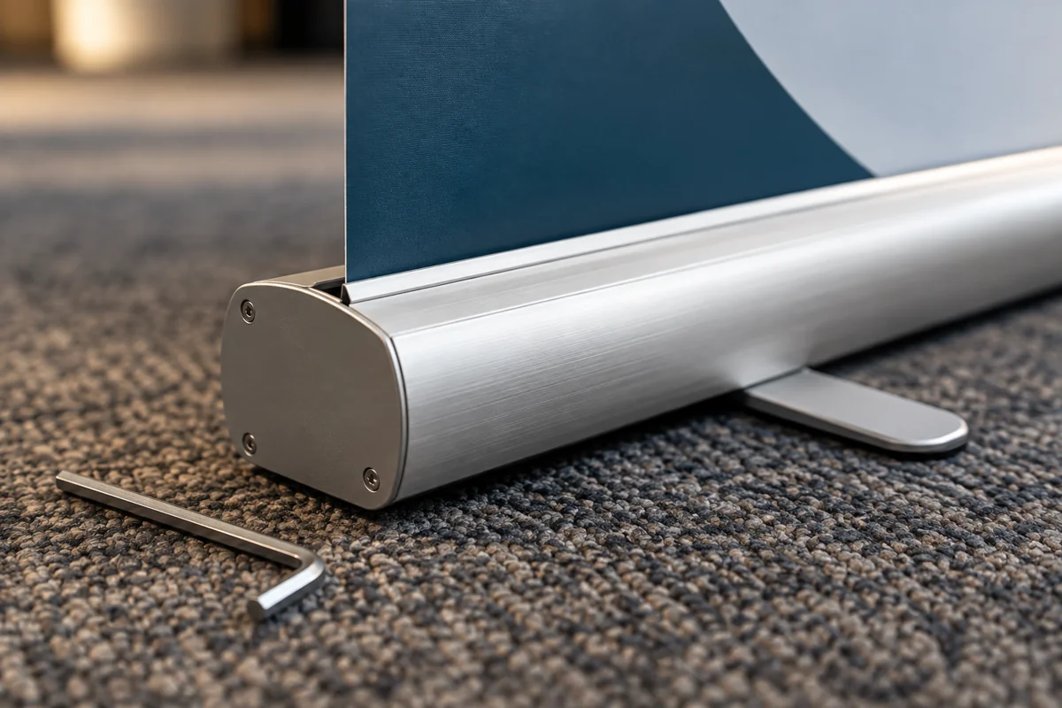 Aluminium roll-up banner cassette base with the printed film entering the slot, beside a hex key on carpet
