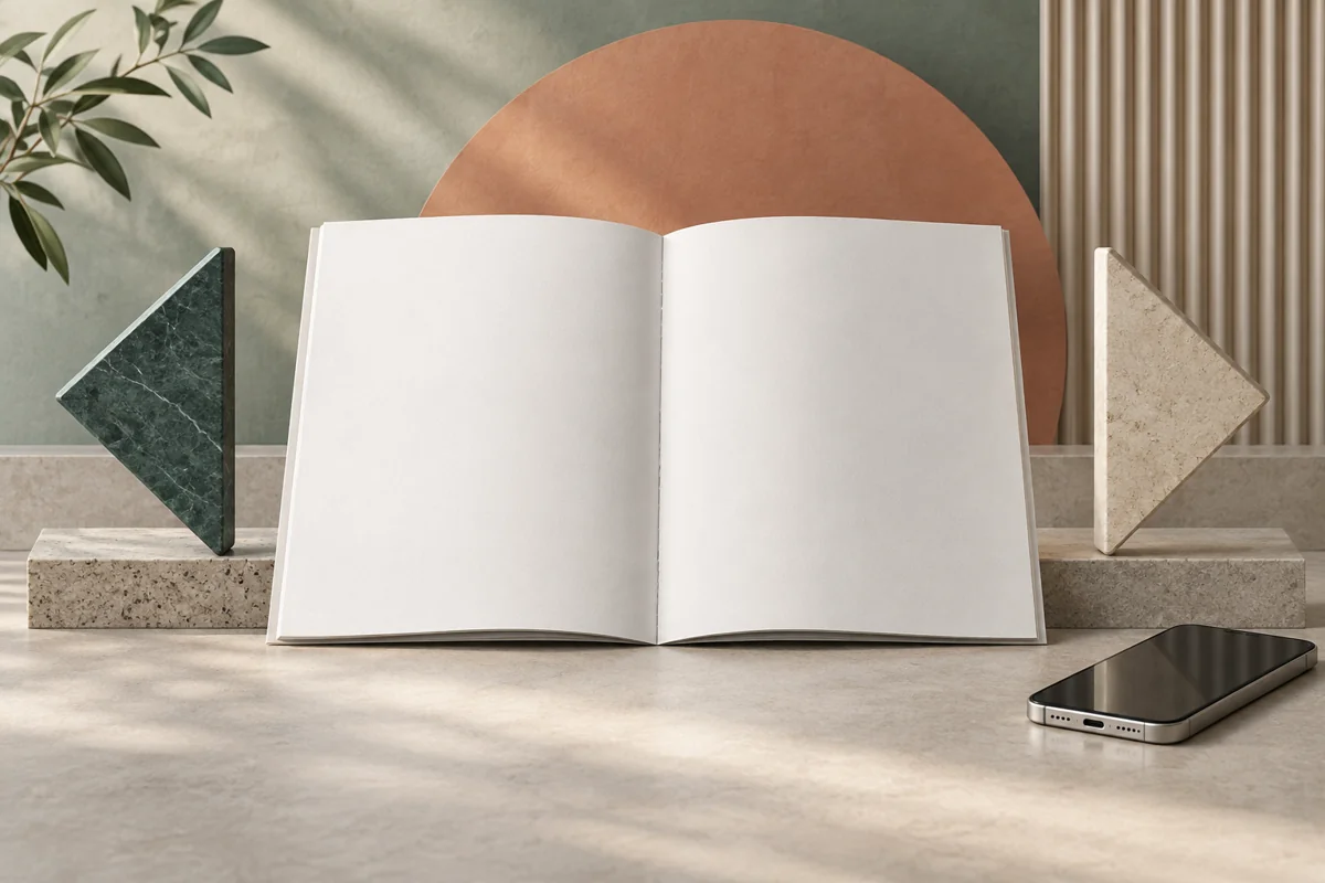 An open blank booklet beside mirrored geometric navigation arrows and a small smartphone mockup