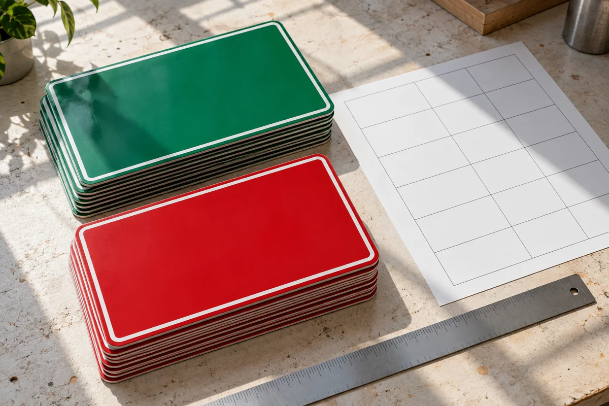 Stack of blank green and red safety sign blanks beside a blank proof sheet and a steel ruler on a workbench
