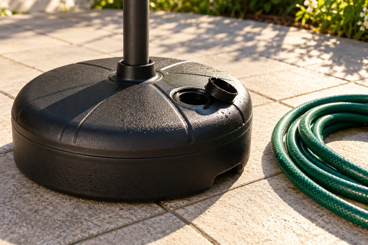 Black plastic water-filled flag base with its filler cap open beside a garden hose on a paved forecourt
