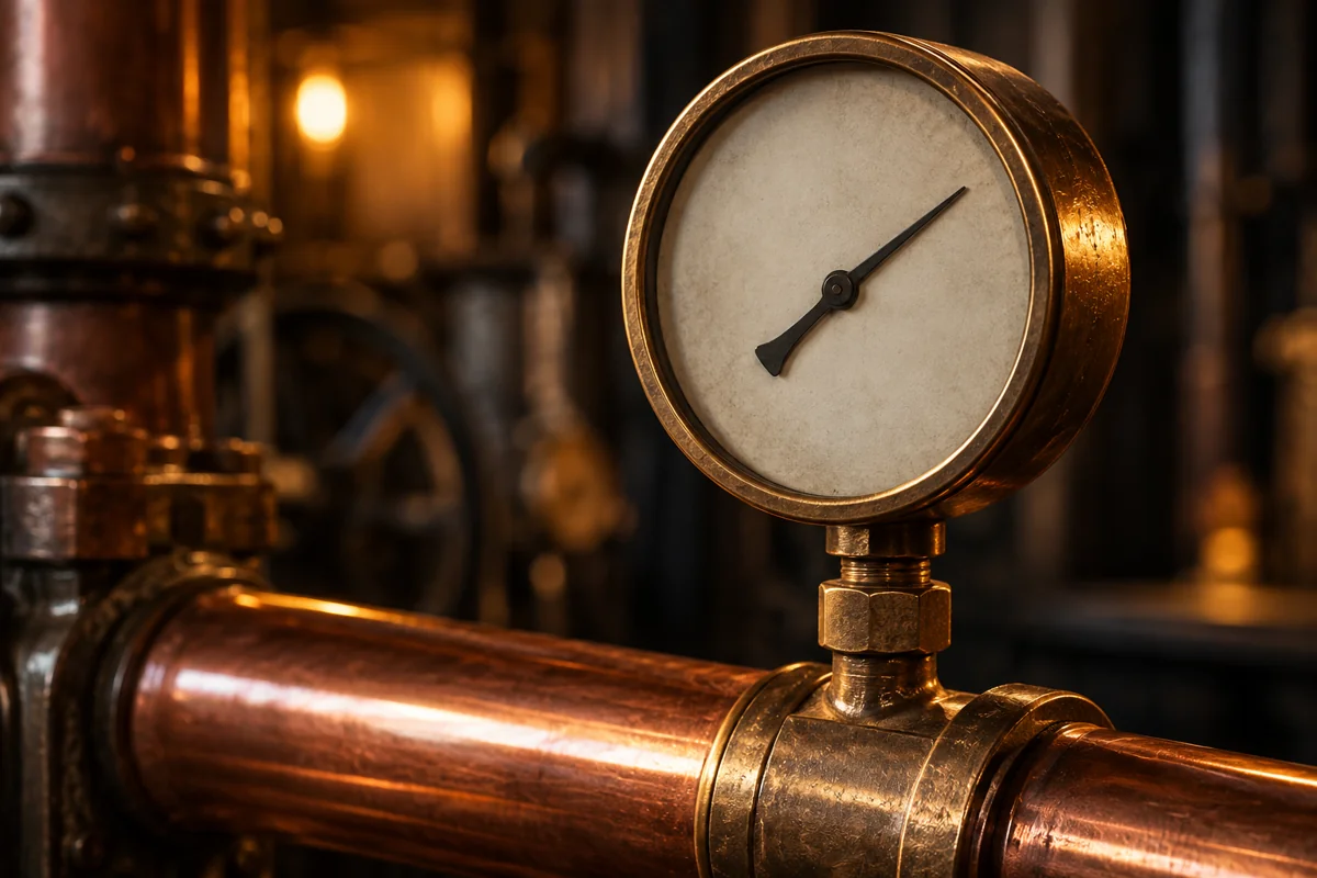 Old brass pressure gauge mounted on a polished copper pipe in a dim workshop