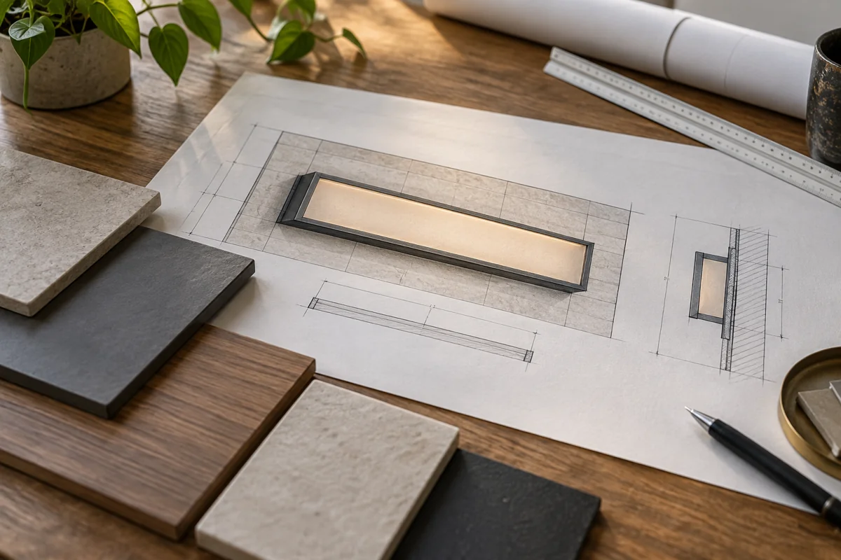 Close-up of a sign elevation drawing and plain material samples on a desk