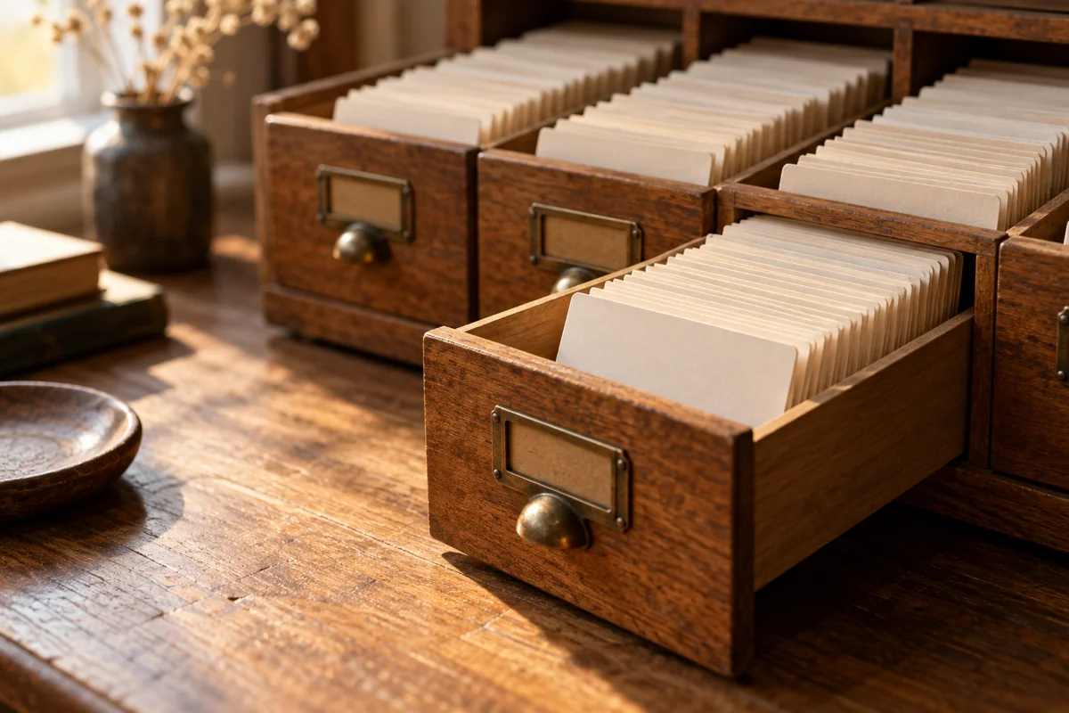 Blank paper cards filed in open wooden card catalogue drawers on a desk