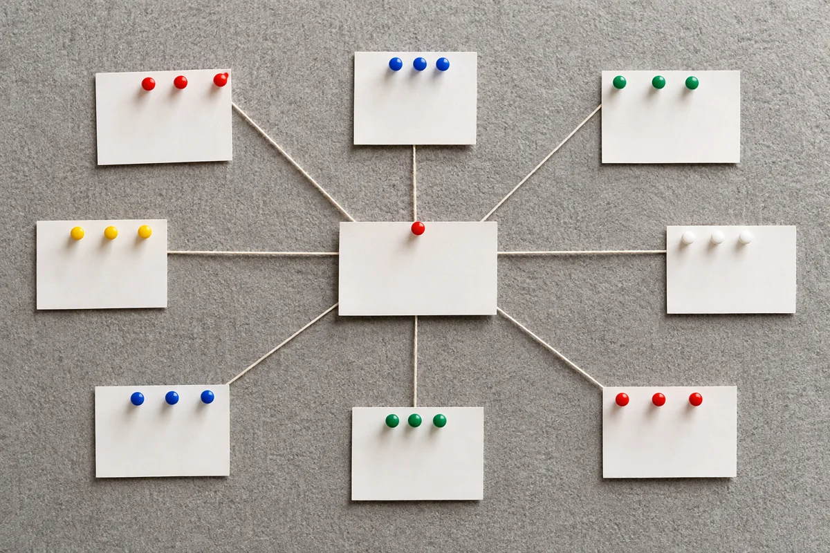Coloured pins grouped on blank cards linked by string on a grey pinboard