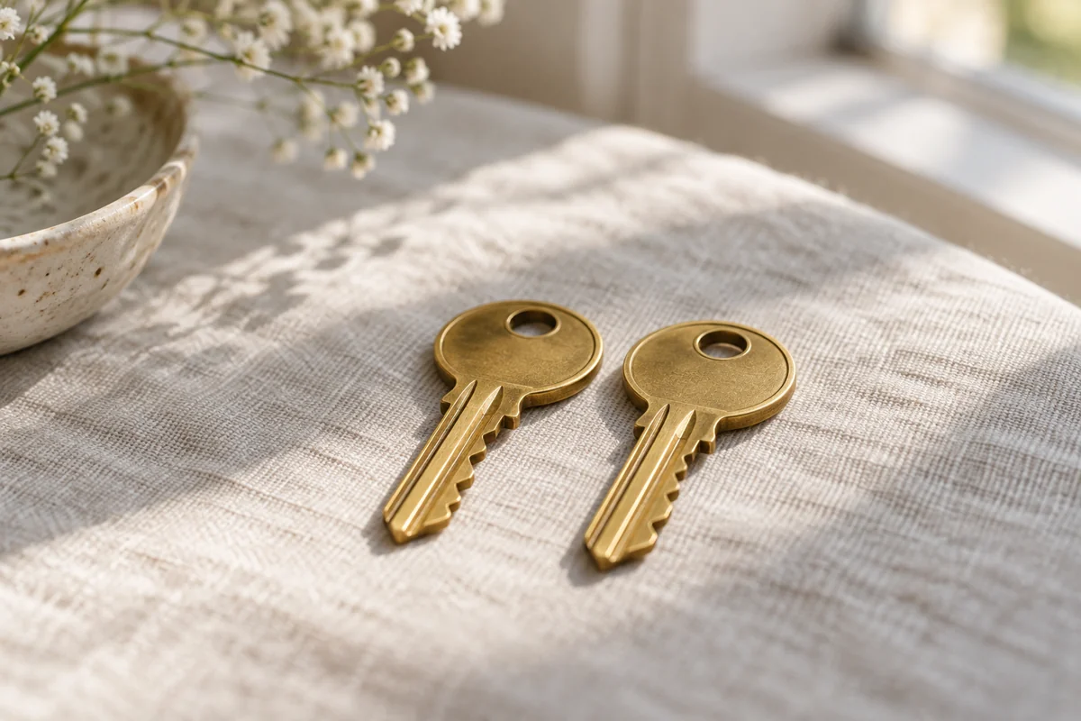 Two identical brass keys lying side by side on a pale linen surface in soft daylight