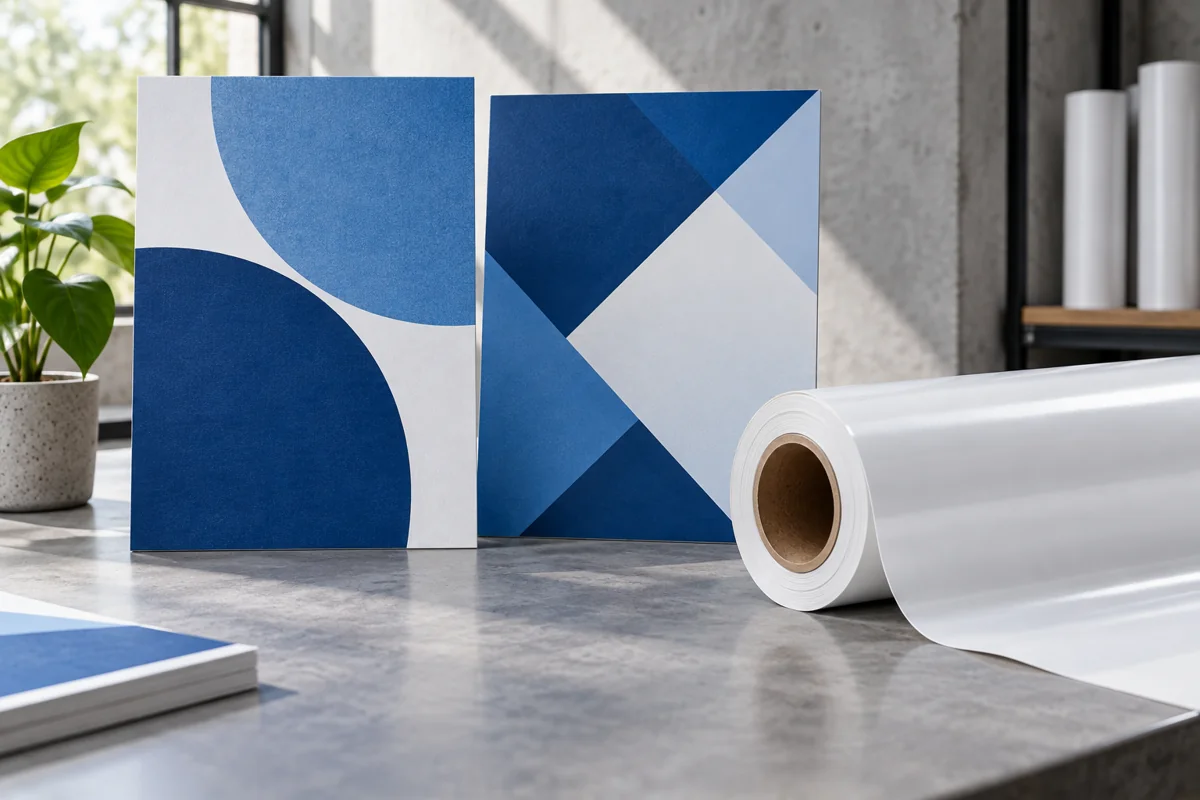 Two blue geometric print sample boards beside a roll of white printable film