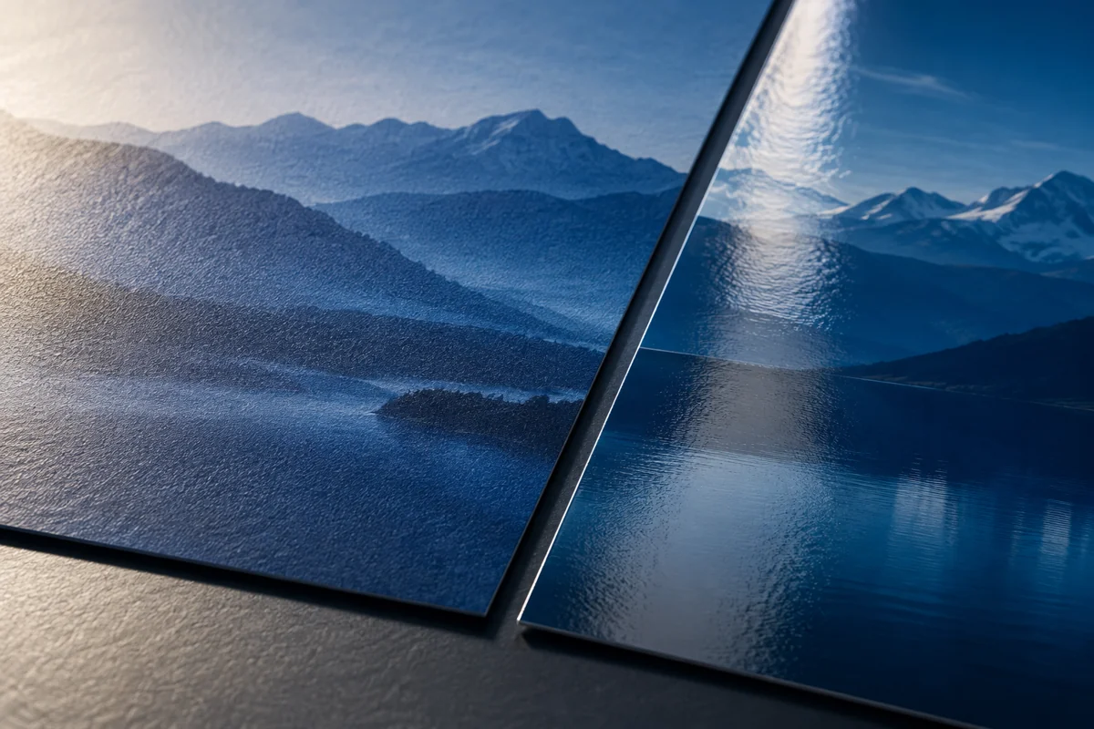 Close-up of matte and glossy blue printed sample surfaces under side light
