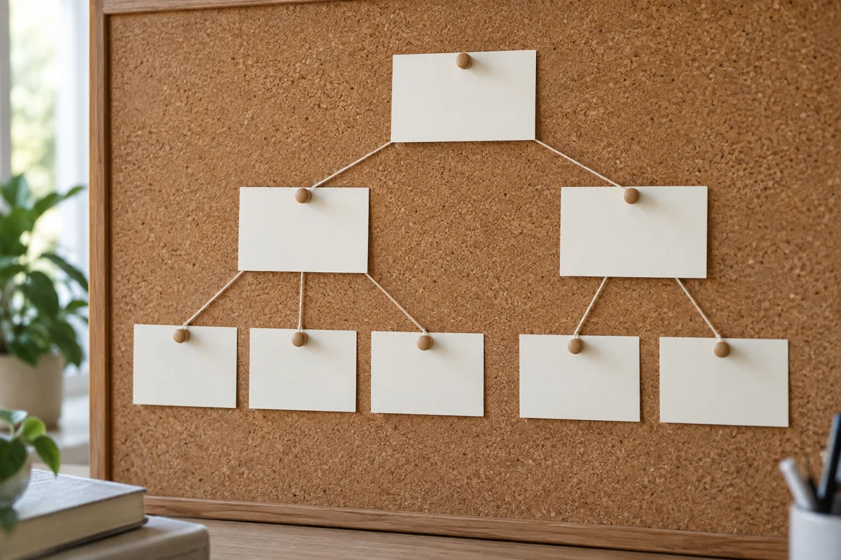 A cork planning board with blank cream index cards pinned in a branching tree shape and connected by taut string, representing a website sitemap laid out during a discovery session.